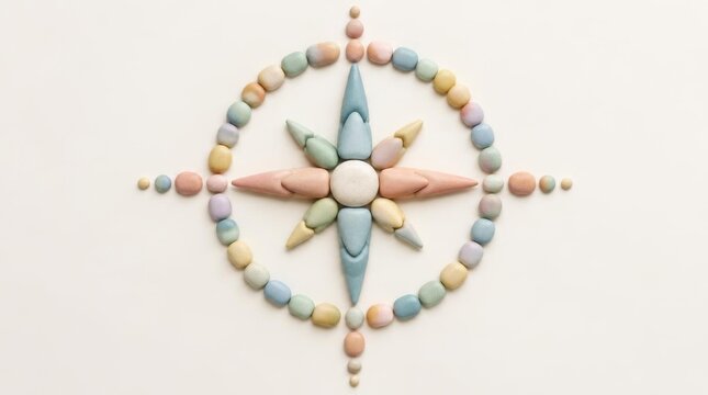 Pastel pebble compass arrangement on white background overhead view