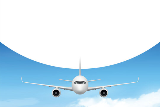 Airplane Banner Vector Illustration. Airplane Travel, Passenger Airplane Front View with Blue Sky and Blank Copy Space for Travel Banner, Aviation Poster, Tourism Ad, Flight Promotion, Template Design