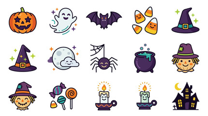 Fototapeta premium Halloween icons display spooky pumpkins, friendly ghosts, and creepy elements in a colorful festive set.