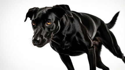 Fototapeta premium Black dog with shiny fur moves forward against white background. Active canine has amber eyes and alert ears. Animal displays sleek form and dynamic pose.