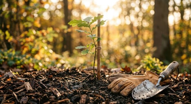 Small young oak sapling planted in fertile soil with gardening tools and leather gloves in a sunlit forest, representing reforestation, environmental growth, and nature conservation efforts.