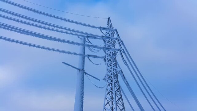 Ice-coated high-voltage transmission tower and frost-covered power lines stand against a cold blue cloudy sky, showing winter electrical infrastructure from a low-angle outdoor view