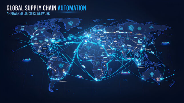 Global supply chain automation and AI powered logistics network map on dark background