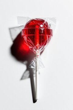 Bright red swirl lollipop sits in clear plastic wrapper on white surface. Shadow falls behind sweet treat. Candy sugar snack object for bright colorful food design.