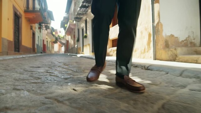 Person in dark trousers performs quick crossing footwork in brown loafers on sunlit cobblestone street, shifting feet side to side beside colorful stucco buildings from low ground view