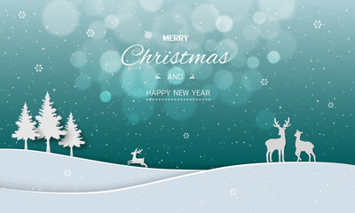 Fototapeta premium Festive christmas background with paper cut trees deer silhouettes and a teal winter landscape