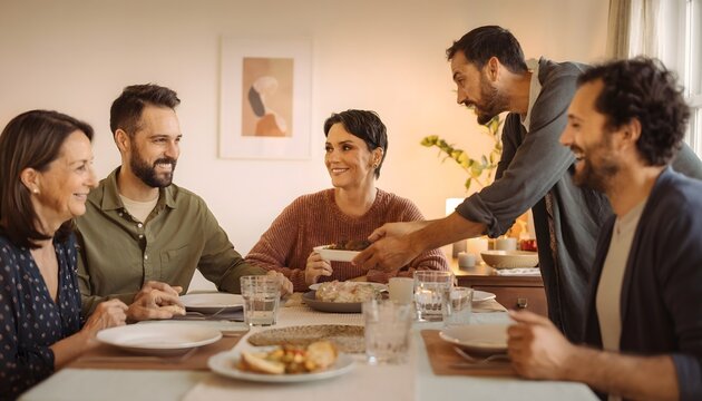 Grupo de cinco adultos compartiendo comida y conversando alrededor de una mesa en un interior dom&eacute;stico luminoso