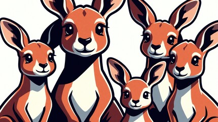 Fototapeta premium Five cute cartoon kangaroos are depicted on a white background. The animals have friendly expressions, with large eyes and small smiles. Their fur is orange and white, with dark outlines.
