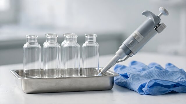 Laboratory pipette and empty glass vials in a metal tray with blue nitrile gloves on a white table