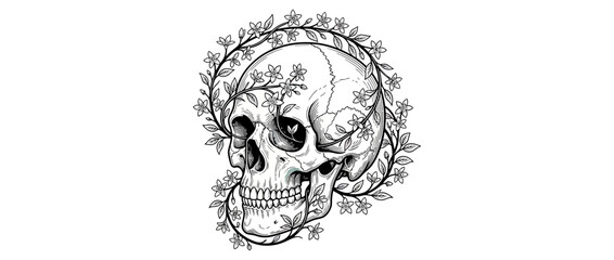 Fototapeta premium Detailed illustration of a human skull adorned with floral vine