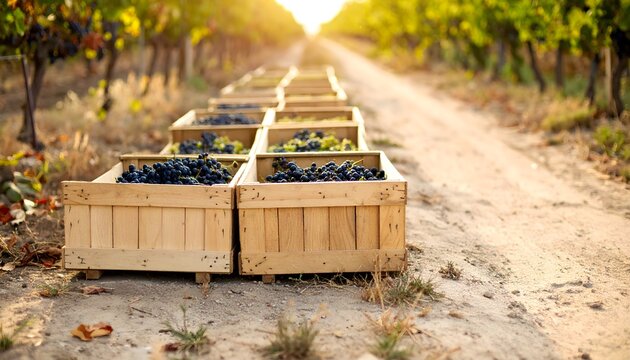 Cajas de madera llenas de uvas reci&eacute;n recolectadas alineadas junto a un camino de tierra entre hileras de vi&ntilde;edo durante la vendimia