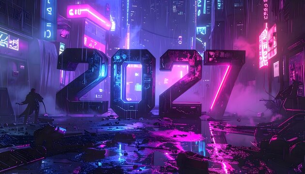 N&uacute;meros 2027 en una ciudad futurista iluminada con luces de ne&oacute;n rosa y azul sobre calles mojadas y ambiente nocturno