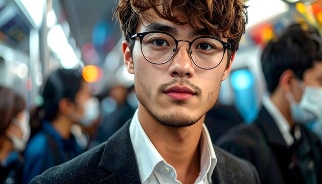 Retrato de hombre joven con gafas entre varias personas en el interior de un transporte p&uacute;blico con fondo urbano desenfocado