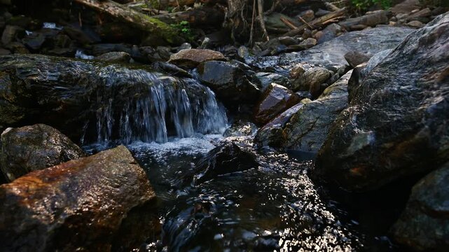 Water flowing over rocks in small stream. parallax effect