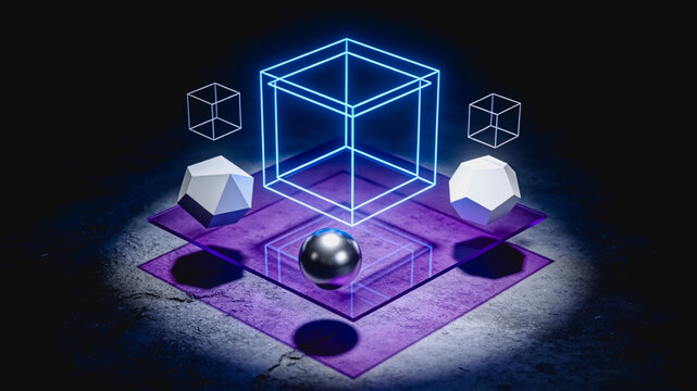 Holographic Wireframe Geometric Shapes on Purple Platform