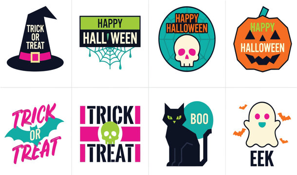 Colorful Halloween Vector Badge Collection with Trick or Treat Quotes, Spooky Icons including Pumpkin, Witch Hat, Skull, Black Cat, and Ghost Illustrations for Festive Decorations and Cards.