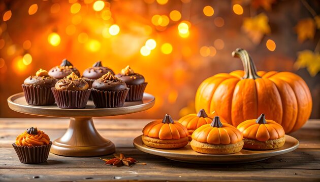 Mesa de postres oto&ntilde;ales con cupcakes decorados, peque&ntilde;as tartas de calabaza y calabazas naranjas sobre fondo luminoso