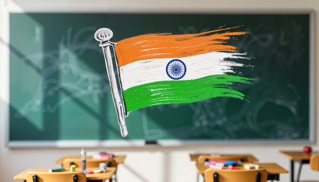 Vibrant Indian flag drawing on chalkboard in bright classroom, education