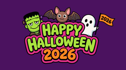 Fototapeta premium Happy Halloween banner featuring friendly frankenstein, bat, and ghost holding flag.