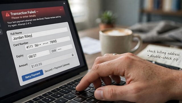 Close-up of a hand typing on a laptop displaying a 'Transaction Failed' message on a payment form.