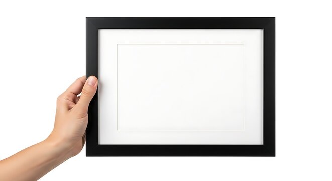 Hand holding an empty black picture frame against white background