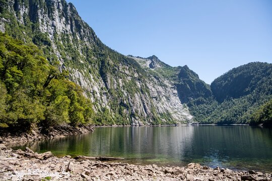 Laguna Tri&aacute;ngulo with reflection between mountains, Patagonia Verde, Parque Nacional Alerce Andino, Ruta de los Parques, Llanquihue, Los Lagos, Chile