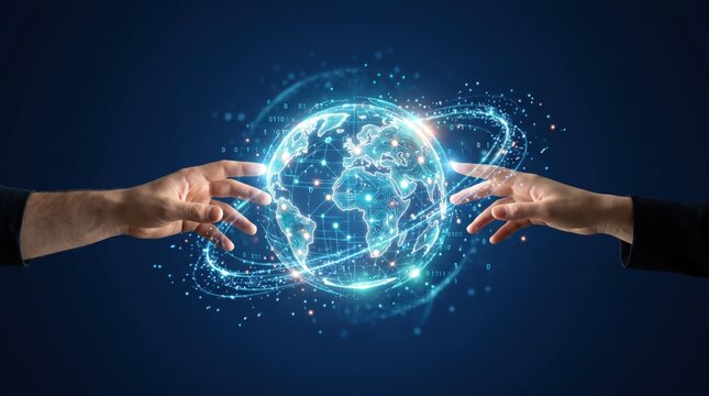 Two hands reaching towards glowing digital earth globe surrounded by binary code particles and network lines symbolizing global connectivity technology and internet communication.