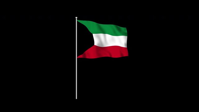 Animation of the Kuwait flag fluttering on a flagpole against a transparent background in 4K