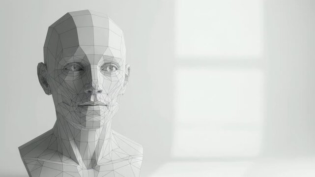 3D wireframe mesh of a human head and bust on a clean white background for technology and digital design concepts.