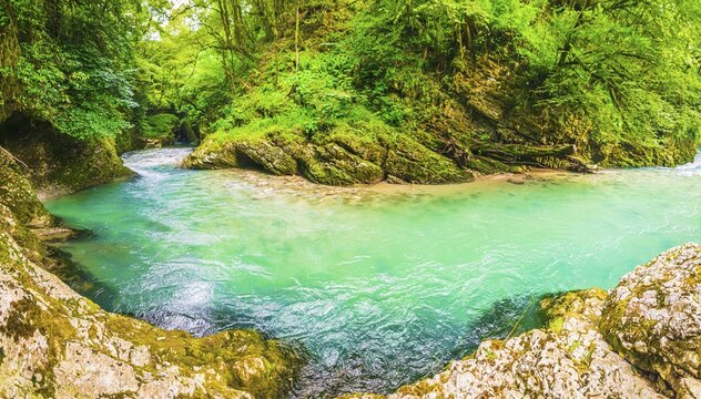 Amazing Martvili canyon valley view with calm river. Georgia