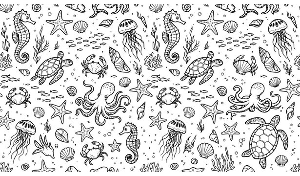 Black and White Sea Creatures Seamless Vector Pattern for Textile and Wallpaper