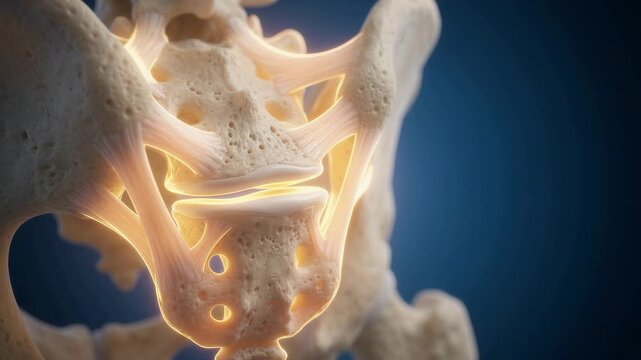 Close-up medical 3D animation showing the detailed structure of human pelvic bones and ligaments on a blue background.