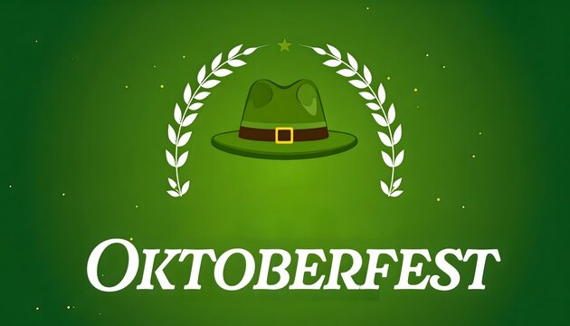 Dise&ntilde;o gr&aacute;fico de Oktoberfest sobre fondo verde con sombrero tradicional, ramas de laurel y texto decorativo en blanco