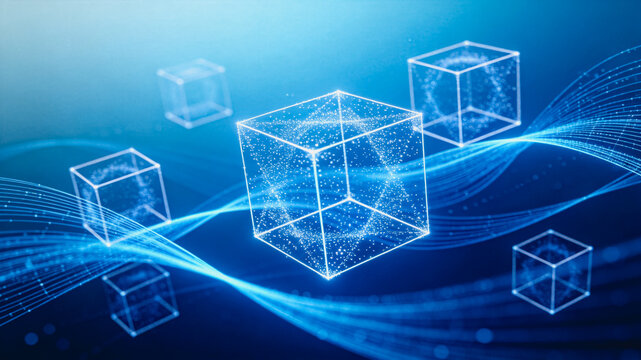 Blockchain Network Concept With Wireframe Cubes And Digital Waves