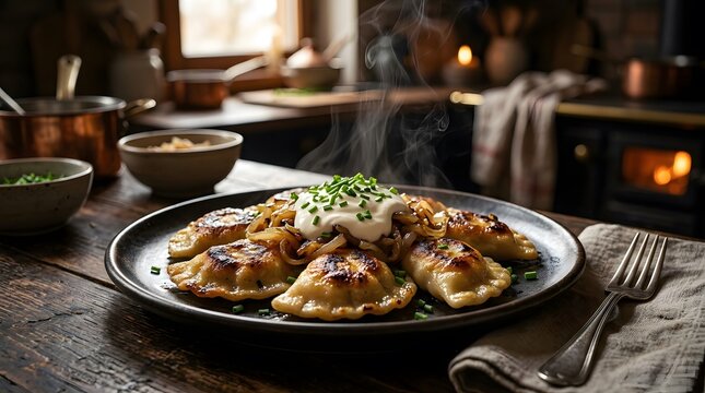 Freshly cooked pierogi served with sour cream and chives on a rustic wooden kitchen table perfect for National Pierogi Day