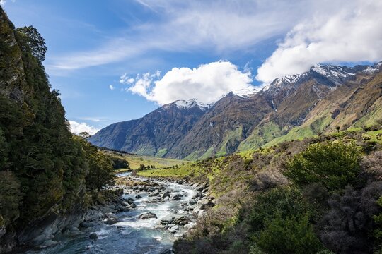Rob Roy Stream and snow covered mountains, Mount Aspiring National Park, Otago, South Island, New Zealand