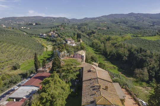 View of the old town from the castle tower, Vinci, Metropolitan City of Florence, Italy