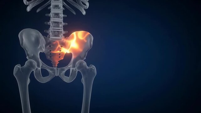 3D medical animation of a human skeleton showing hip joint pain with a red glow on a dark blue background