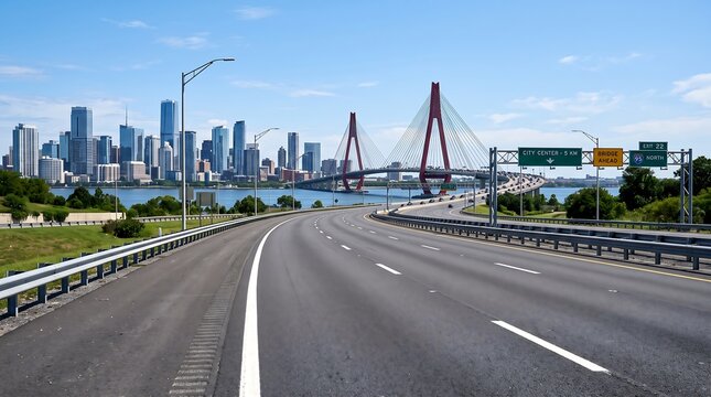 Modern Highway Leading to Cable Stayed Bridge and City Skyline