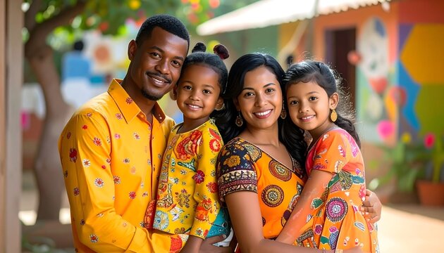 Grupo de cuatro personas sonrientes con ropa estampada de colores posando juntas en un entorno exterior luminoso