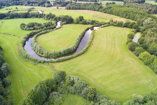 Aerial view of the Hunte river course, river, natural, Meander, Gro&szlig;enkneten, Lower Saxony, Germany
