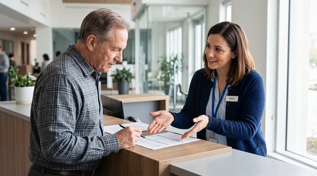 Professional female receptionist assisting a senior man with signing a document at a service desk in a modern office.