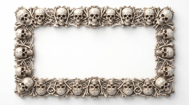 Intricate vintage frame with ornate skull and floral carvings against neutral background