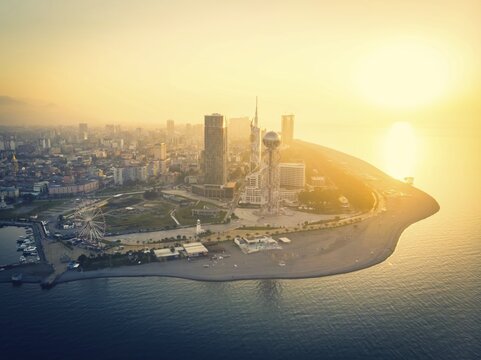 Panoamic View to Batumi coast and tourist attractions with romantic sunset in the bacground. Vacation holidays in caucasus. Georgian vegas. Batumi.Georgia