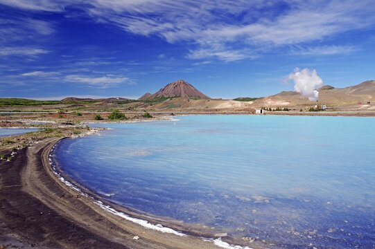 Geothermal lake and steam of a diatomaceous earth plant, volcano, Myvatn, Iceland