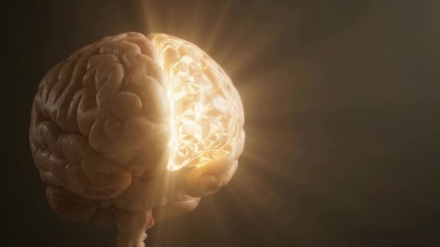 A glowing human brain model representing neural activity and cognitive function in a video clip on a dark background.