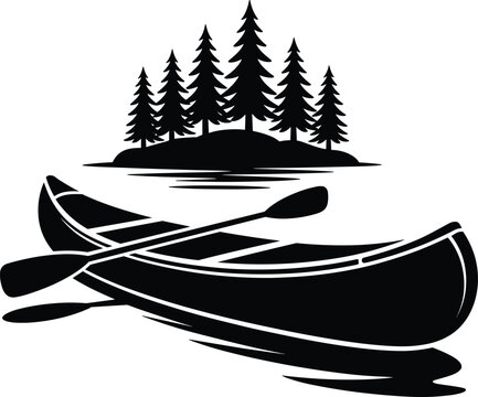 Canoe with paddle silhouette on lake, wilderness pine forest island outdoor adventure vector graphic illustration