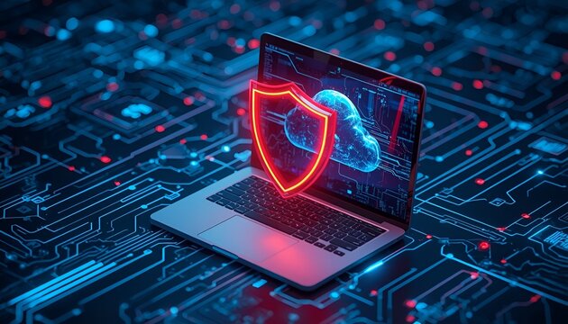 3D Laptop with Digital Shield Protecting Cloud Data, Cybersecurity Concept Featuring Antivirus, Encryption, Data Protection, Software Development and Internet Safety