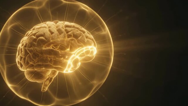 3D animation of a glowing human brain model with radiating light rays on a dark background.