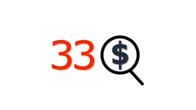 33 dollar price tag with magnifying glass animation for e-commerce and financial marketing search discount